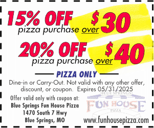 15% Off your pizza order over $30, or 20% off your pizza order over $40, May 2025