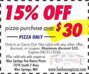 15% Off your pizza order over $30, August 2026